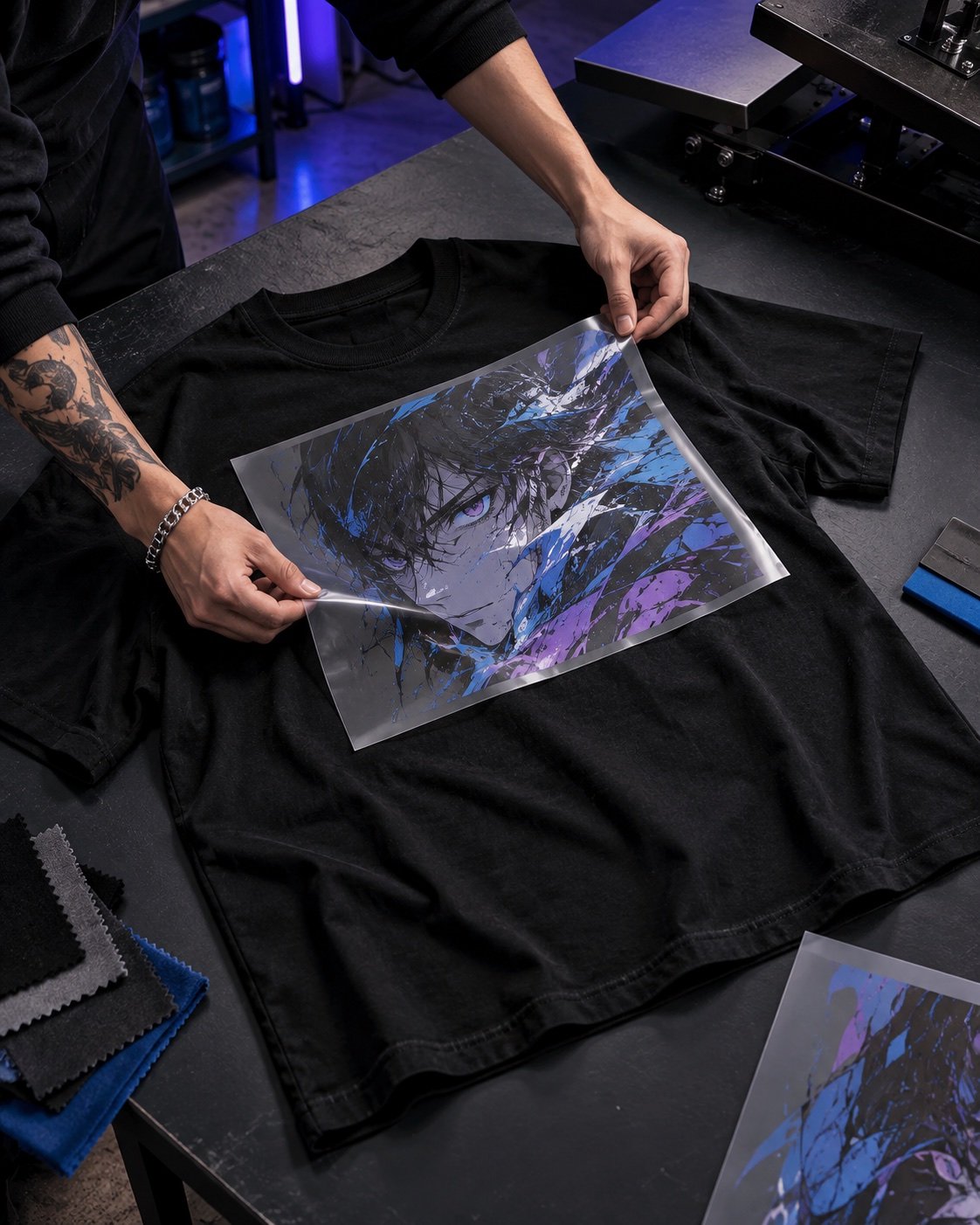 Proceso de personalización de una remera negra en Eternal Custom Lab
